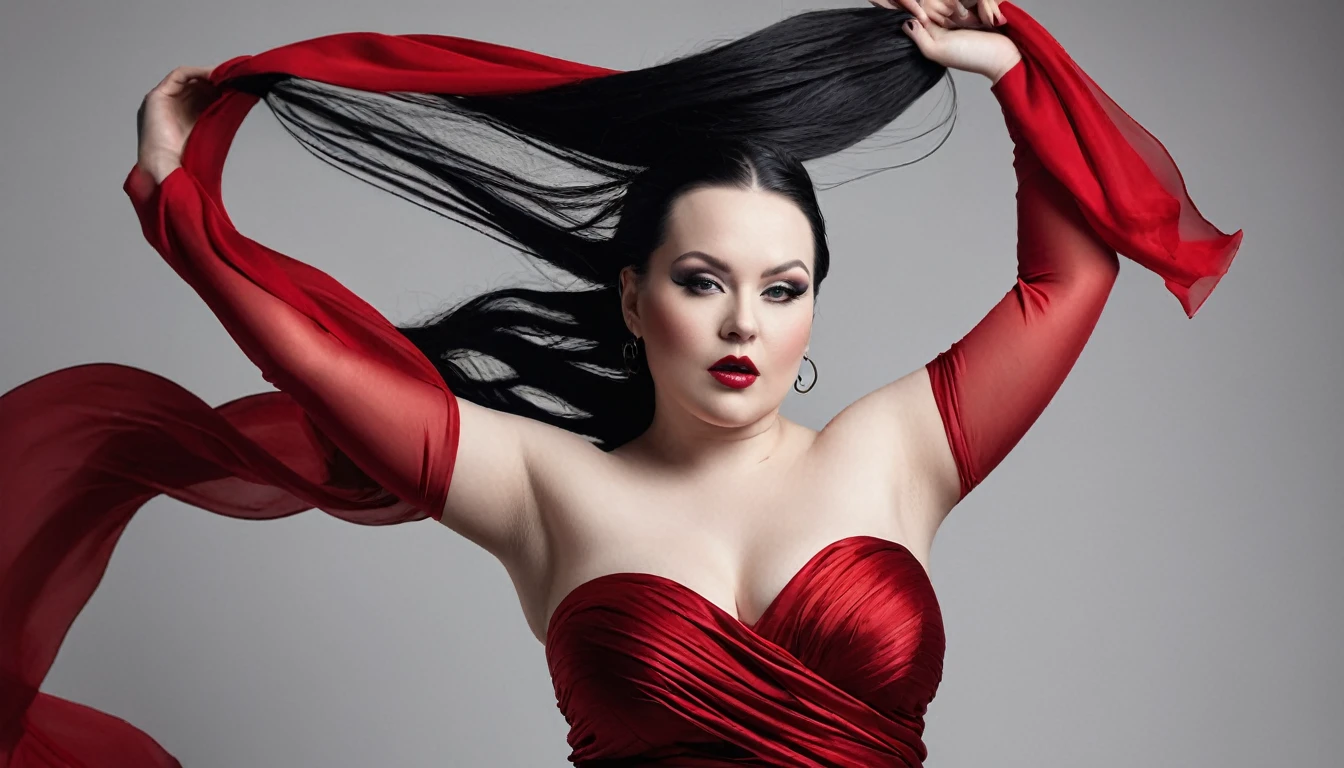 A stunning, high-realistic, studio photograph of a chubby scandinavian woman, (Ingrid Mueller) 35 years old, goth woman. black dyed hair , sidecut and braided hairstyle dancing, professional nude. naked. pubic hair. pale skin . goth make-up, dancing . clothed only in intricately draped, flowing (red) silk scarves, evoking a sense of elegance and grace. Captured in a monochromatic color palette, the black and white tone amplifies the textures and shadows, adding depth to the fluid, energetic movement of the subject. Soft, diffused lighting accentuates the woman's sinuous curves, as her slender limbs seem to blur in motion, exuding a sense of freedom and joy. energetic. aesthetic. color key red