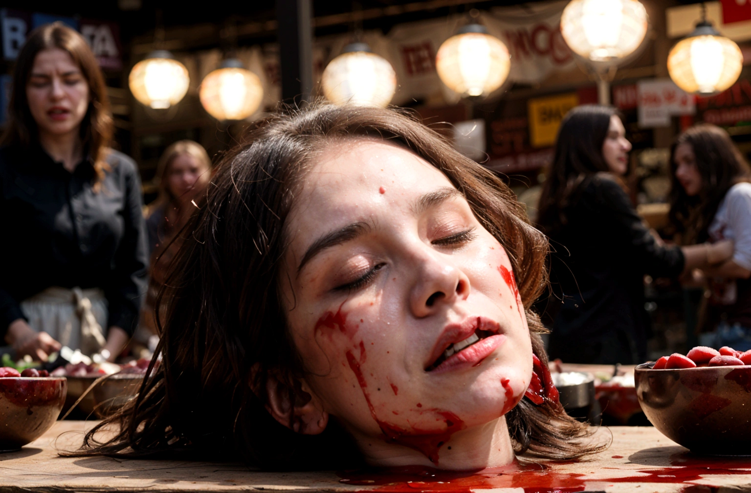 Several decapitated heads of beautiful women, on a table, in a public market, full of blood, blood flowing, ((eyes closed)), bleeding, photorealistic, 4K, Nikon, horror, public market, Realistic, decapitated, ahegao face, tongue hanging out