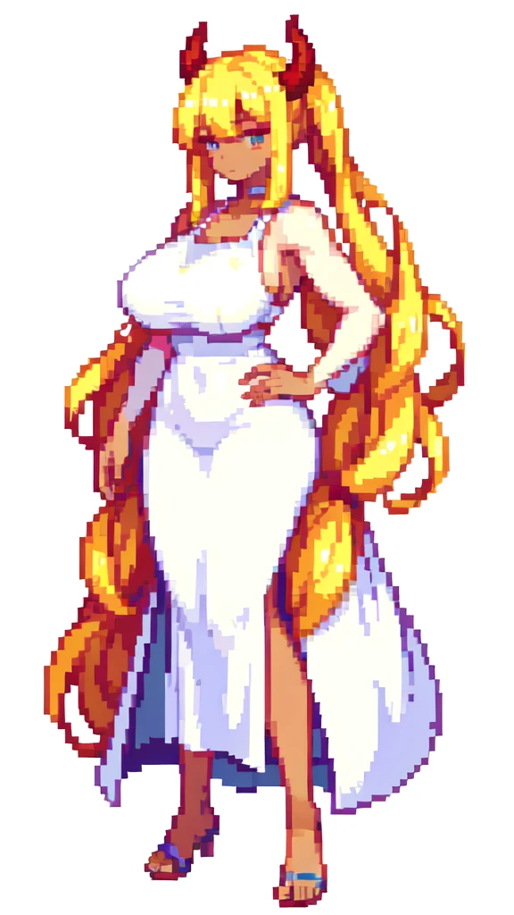 very tall woman,very big woman,gigantic woman,very muscle,{{long legs}},devil,barefoot,{{muscular}},{{gigantic breasts}} ,{{curvy}} , ,masterpiece , best quality , pixel art , 1 girl ,{full body},voluptuous,brown skin,twintails,blonde hair ,white dress,white background