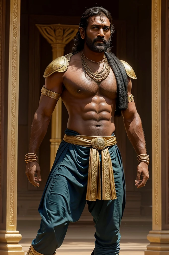**Prompt:** Imagine MS Dhoni as Bahubali, the legendary warrior and king from the epic film. How would his cricketing skills translate into battles, leadership, and the grandeur of Bahubali's world?