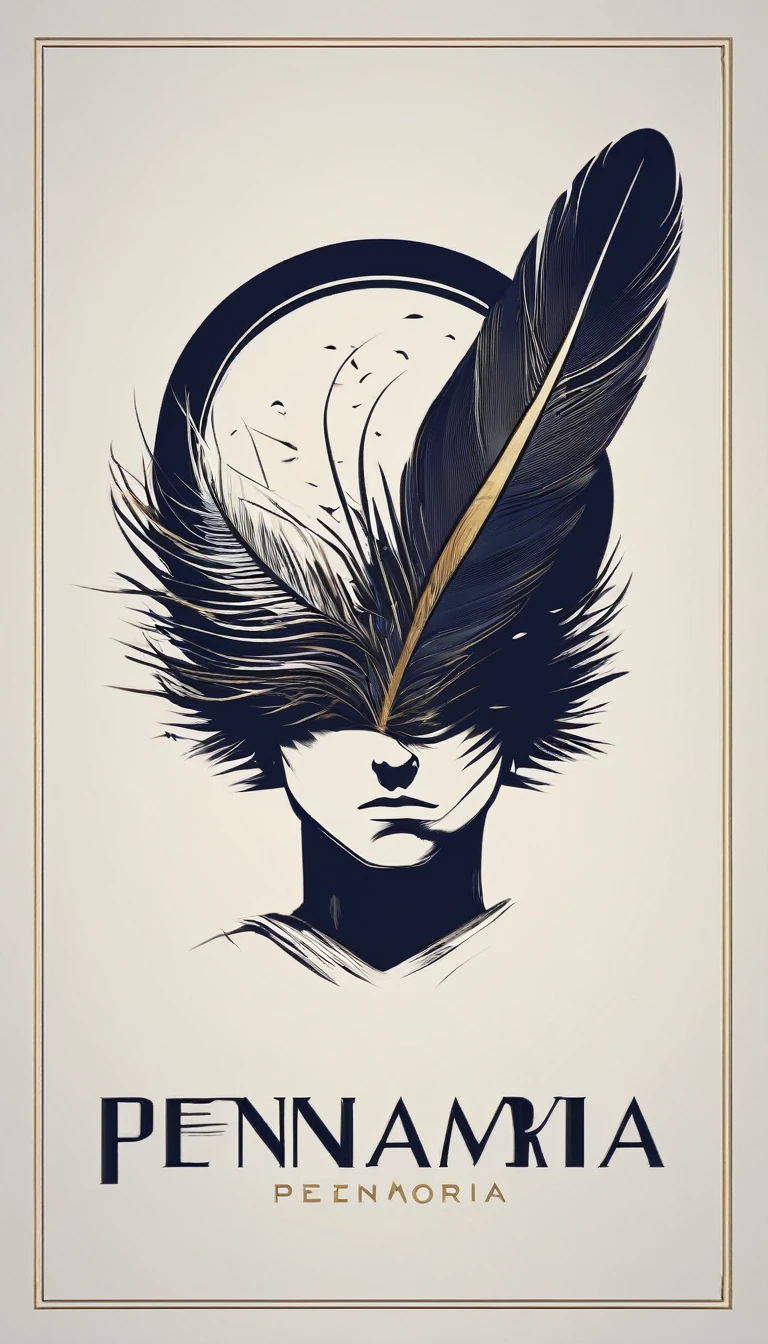 A minimal, modern, simple, cinematic logo design e of a boy with a head full of feathers for the brand “Penamemoria".
