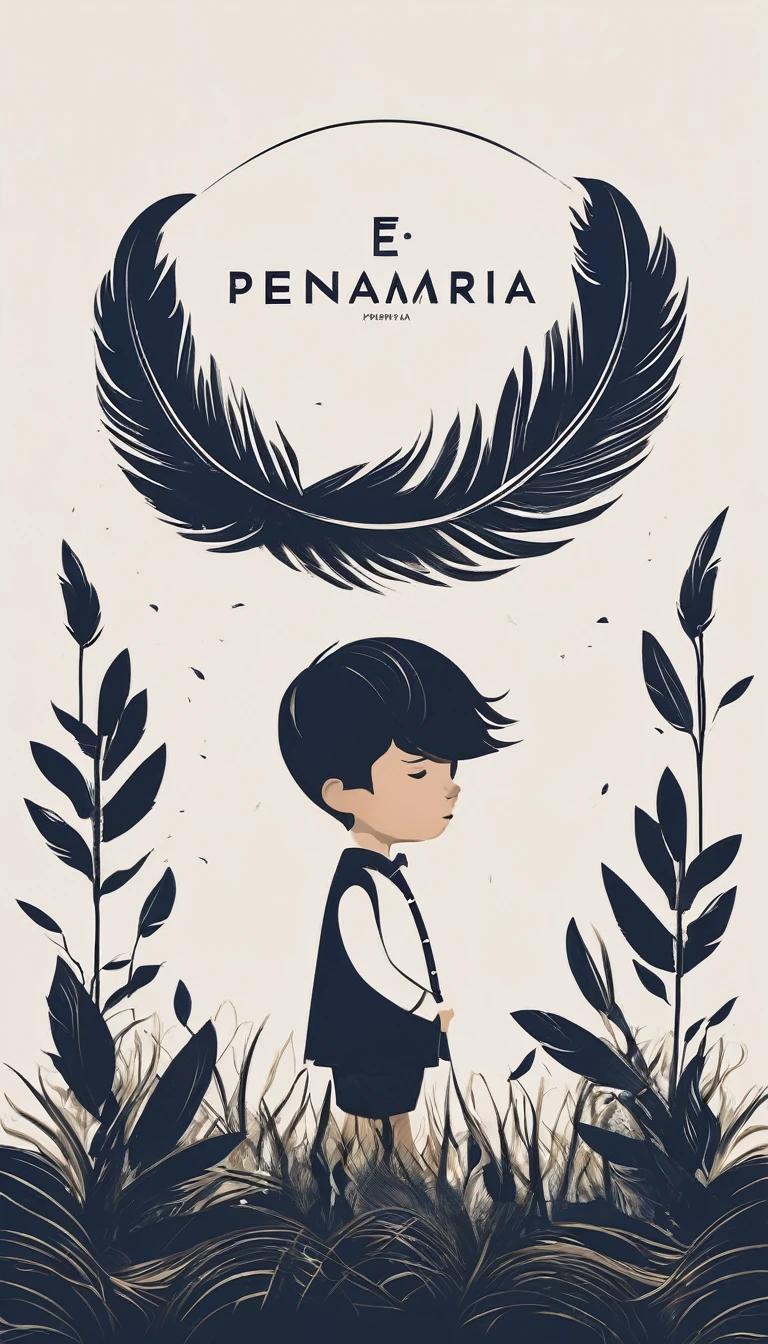 A minimal, modern, simple, cinematic logo design e of a boy with a head full of feathers for the brand “Penamemoria".