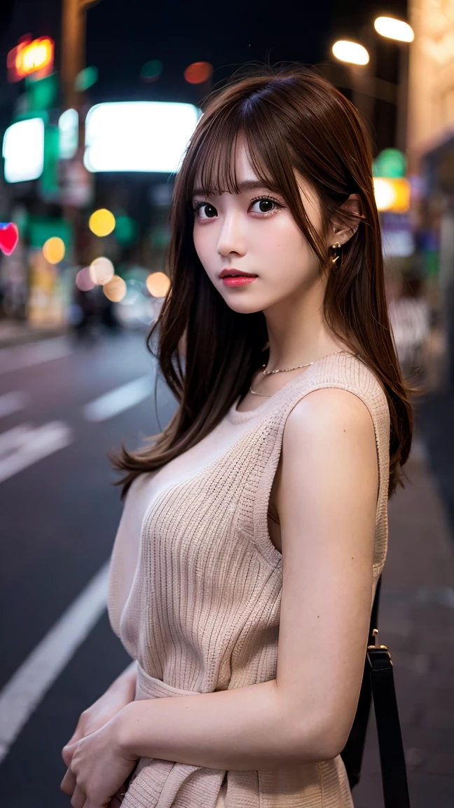 best quality, 1 girl, standing, city at night, street lights, brown hair, stylish outfit, upper body, cinematic lighting