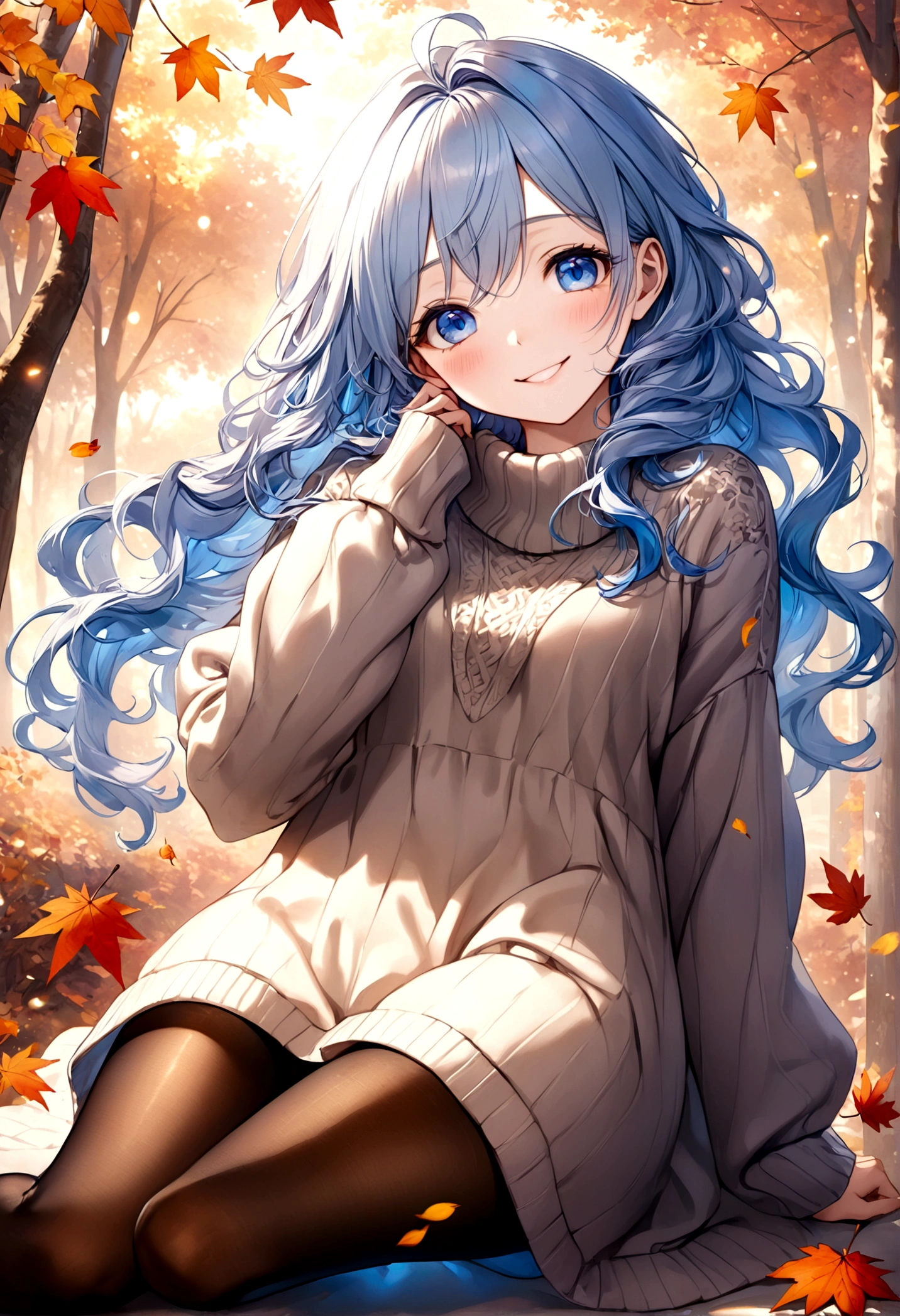((top-quality)), ((masterpiece)), ((ultra-detailliert)), (extremely delicate and beautiful), beautiful woman, bright light blue hair, long wavy hair, sapphire blue eyes, cozy sweater dress, sheer black pantyhose, sweet smile, relaxed expression, fair complexion, autumn background