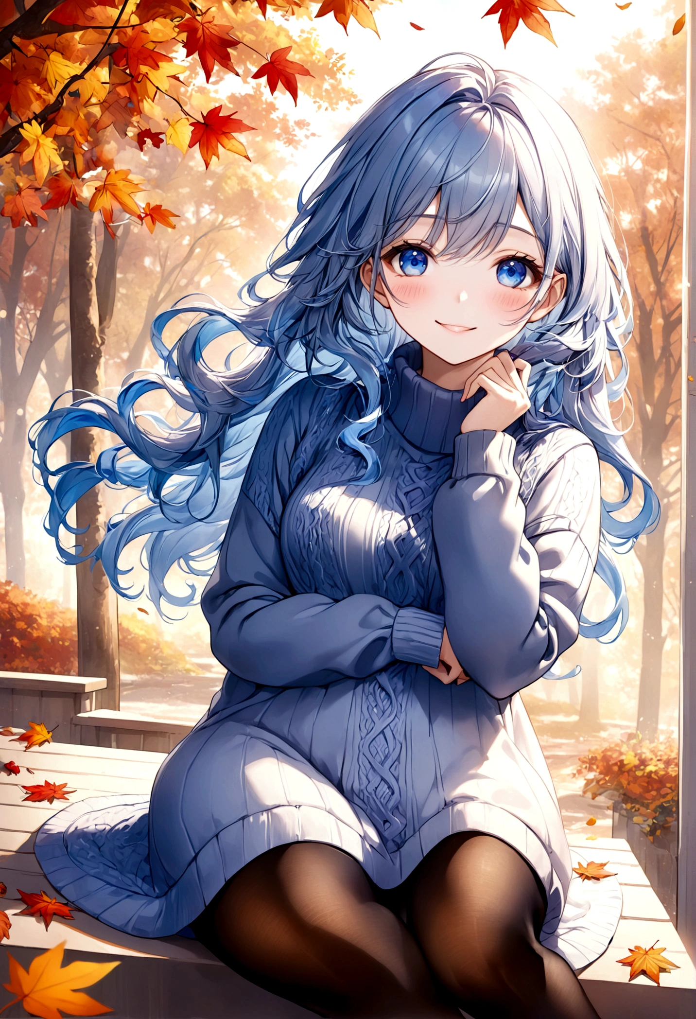((top-quality)), ((masterpiece)), ((ultra-detailliert)), (extremely delicate and beautiful), beautiful woman, bright light blue hair, long wavy hair, sapphire blue eyes, cozy sweater dress, sheer black pantyhose, sweet smile, relaxed expression, fair complexion, autumn background