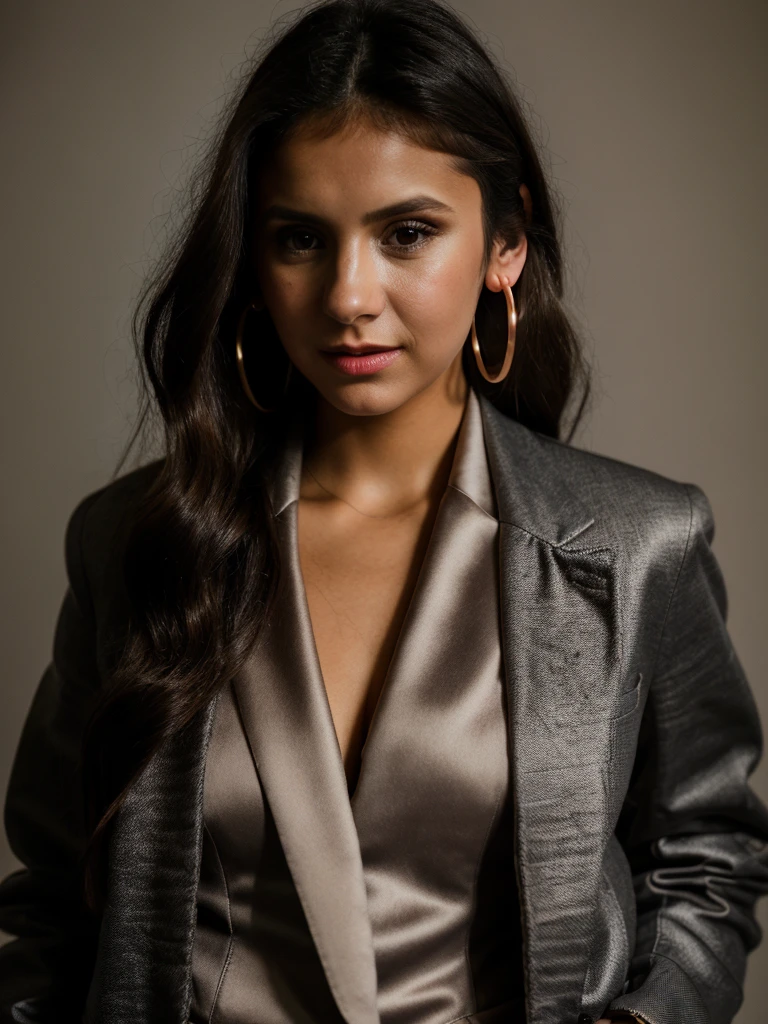 A beautiful n1n4d woman,1girl,solo,long hair,  in a red jacket holds a Salvador Dalí mask. She has long, brown hair and is wearing large hoop earrings while looking directly at the camera. The background is plain and gray.looking at viewer,brown hair,brown eyes,upper body,necktie,black dress,lips,realistic,soft lighting, professional Photography, Photorealistic, detailed, RAW, analog, sharp focus, 8k, HD, high quality, masterpiece