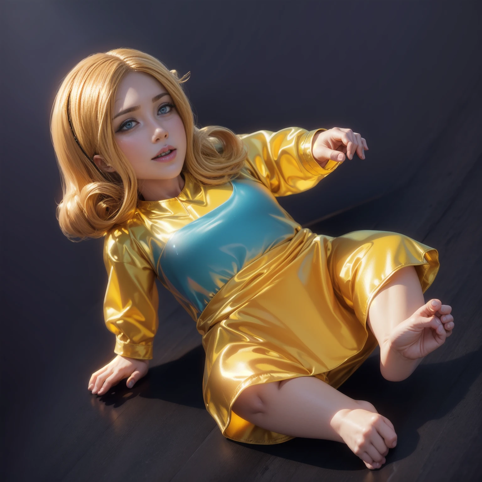 cute baby chibi anime, yellow blouse, turquoise top and a red skirt, sitting on the floor, smooth 3d model, glossy plastic texture, multiple light sources, rim light, sharp post effects render, most beautiful vfx, , realistic, 4k, high resolution, rim light, smooth 3d model. , glossy texture, smooth 3d model, multiple light sources, rim light, sharp post effects render, (glossy plastic texture with multiple big light probe refractions), perfect cgi, reflective, best quality, 4k, masterpiece:1.2, ultra-detailed, realistic, vivid colors, The image of the highest quality, ensuring every detail showcased perfectly. It in 4k resolution, allowing viewers to immerse themselves in the richness of the colors and intricate details. The realistic rendering. under the spotlight, reflecting, high-resolution image, realistic rendering