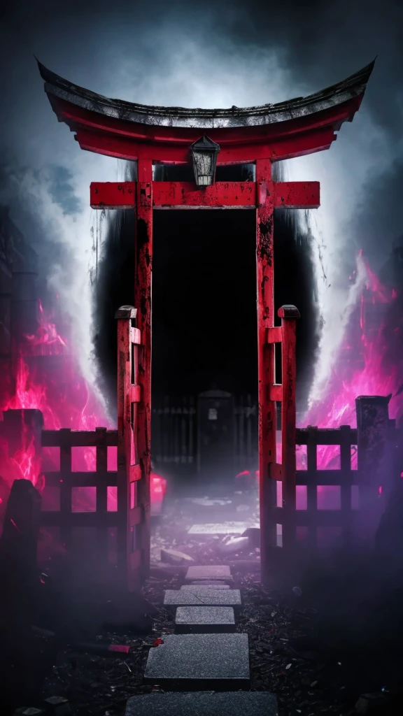 A creepy horror video of a broken vermilion torii gate, countless broken gravestones, and a dark, smelly atmosphere.