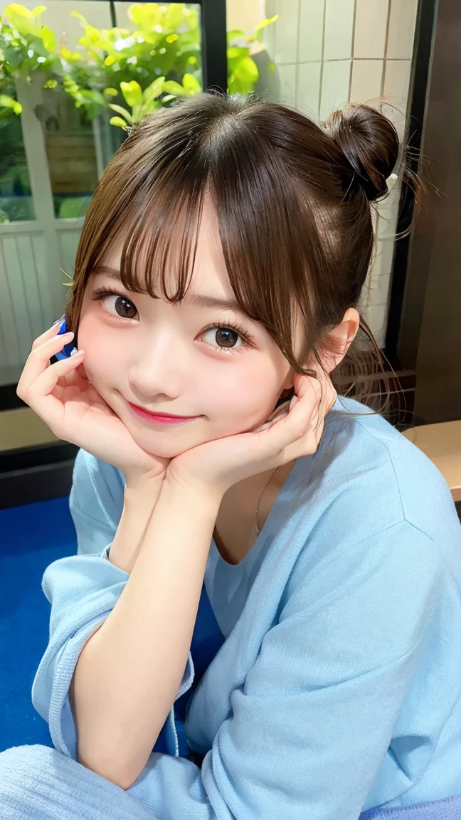 masterpiece, best quality, 1girl, bun hair, Japanese, shy smile, blue background, blurry