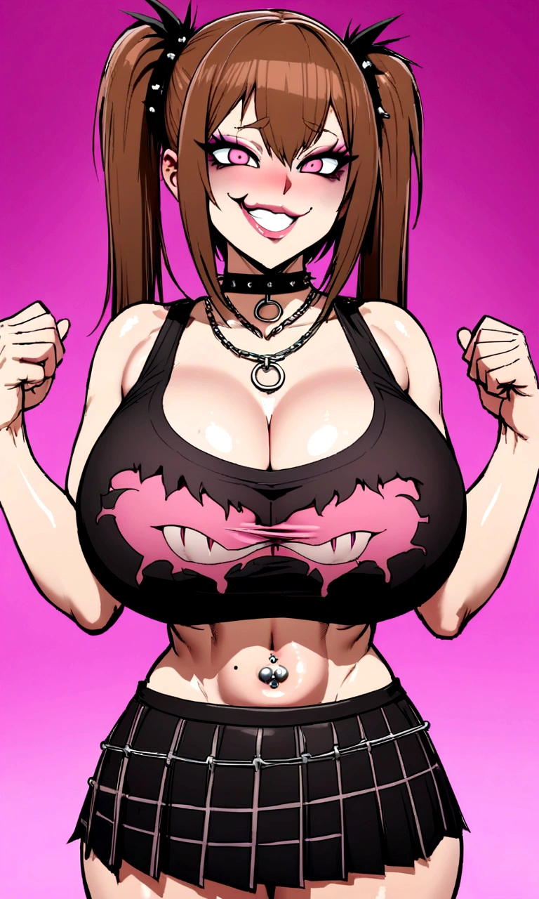 big lips, Brown hair, pink eyes, japanese face, improve, improve grin, two sides up, huge breasts, Wide hips, sexy, detailed, pink room, Hits, (evil smile1.4), kawaii, pleated skirt, punk, GOOD, Pink and black suit, plaid skirt, punk shirt, choker, punk skirt, punk shirt,navel piercing