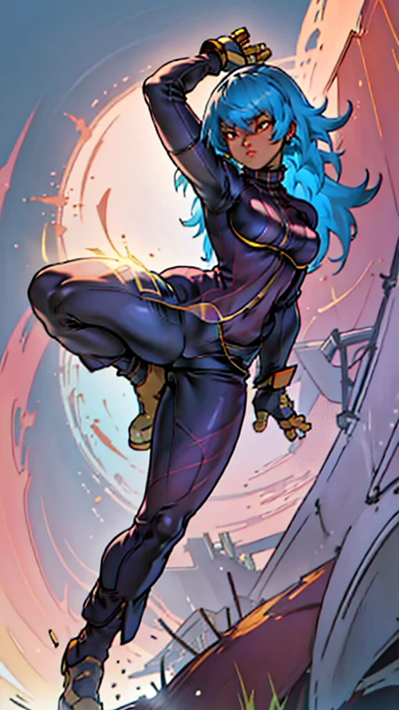 Highly detailed, 1 girl, solo, kulams, split-colored hair, blue kula's gloves, Orange kula's clothes, Ebony skin, detailed pink eyes, Thicc body, dinamic action position, 2 earings