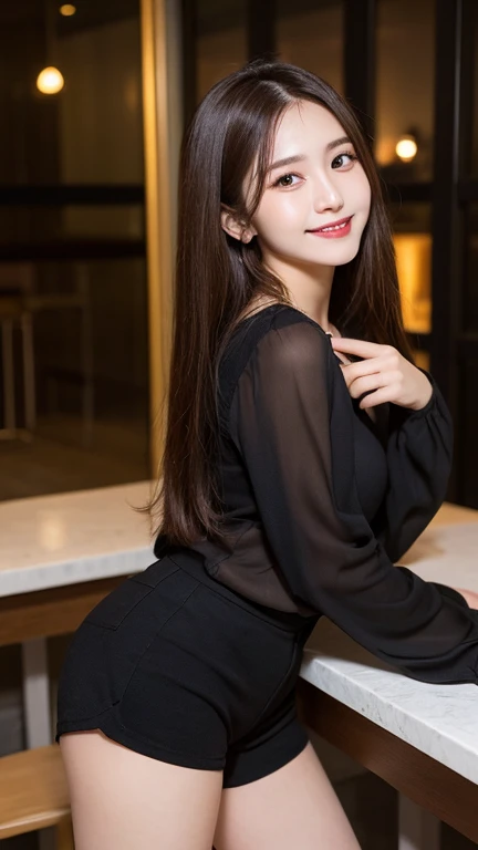 Tabletop, Highest quality, shape, Very detailed, finely, High resolution, 8k wallpaper, 完璧なダイナミックな構shape, Beautiful and detailed, Straight hair, Small breasts, Natural color lip, Random sexy poses,smile,20-year-old girl、Beautiful and dense face、Perfect and beautiful face,Big eyes、RAW Photos、Beautiful and detailed、Small face、Beautiful Duplex、Slim face and figure,Beautiful golden ratio face、Long sleeve blouse、Black shorts、smile、Blurred night view