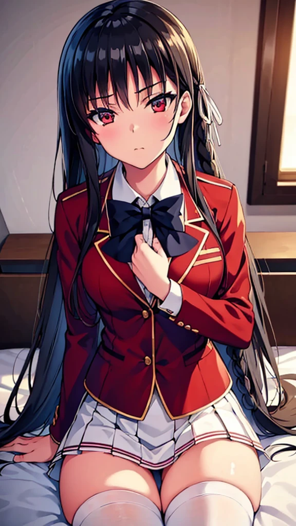masterpiece, best quality, high resolution, best illustration, super fine illustration, (official art:0.6), detailed beautiful face and eyes, (perfect anatomy:1.5), 8k portrait, 
1girl,
Suzune Horikita, 
Suzune Horikita \(youjitsu\),
long hair, braid, 
black hair, 
(red eyes:1.2), slant eyes, small eyes, 
blue bow, 
medium breasts, 
(uniform, red jacket, white skirt, pleated skirt, black thigh-high socks),
looking at viewer, 
cowboy shot, 
perfect light, background of indoor, lie on the bed, nsfw