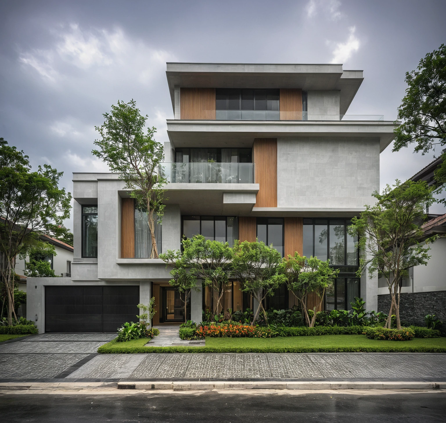 modern villa on street, (overcast lighting:1.2), tropical tree, vivid color, streetcapes, nice sky, grey and white tone, (large glass door:1.2), warm interior lighting, modern material, best quality, ultra realistic, masterpiece, 17ArchiAI_XL_VL-v1