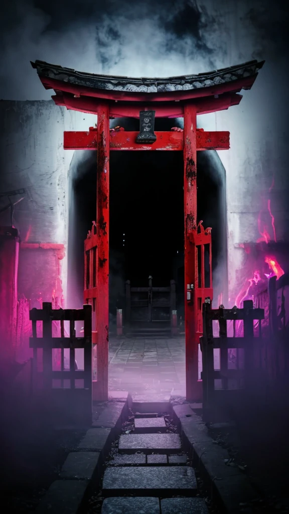 A creepy horror video of a broken vermilion torii gate, countless broken gravestones, and a dark, smelly atmosphere.