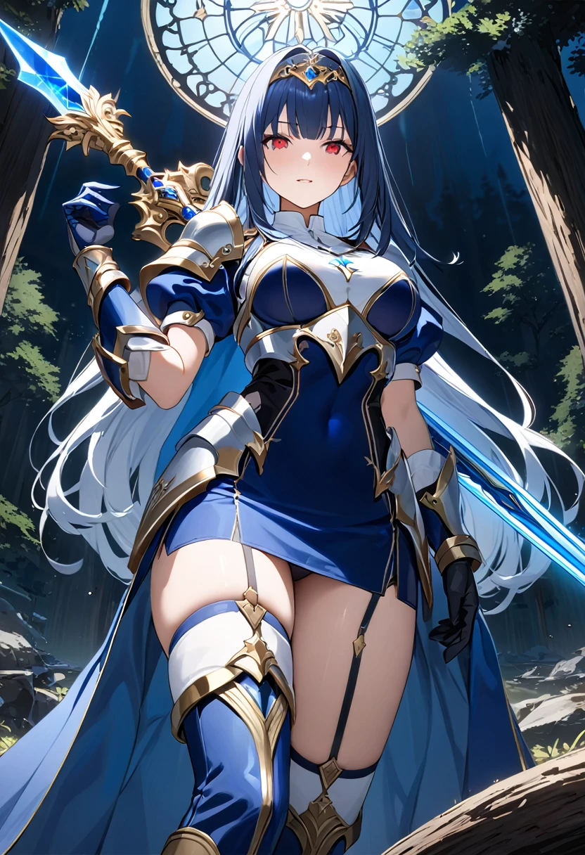 Highest quality、unity 8k wallpaper、32k、masterpiece、Very detailed、Ultra-high resolution、Very detailedな顔, RAW Photos, Professional, Ultra-fine painting, The Fallen Saint、corrupt_girl、Midnight blue long straight hair、Platinum tiara with blue gemstones、Blue Nun Cape、Red Eyes、(Tree Eyes), Cool and sharp features, hime cut, 20～A female magical warrior, about 24 years old.、White and gold breastplate、Blue and white leotard、(((Blue and white gold-embellished long pencil skirt with side armor and long slits)))、Half puff sleeves with shoulder pads、A large white ribbon with a large sapphire on the chest、White and blue long gloves、(((White and blue thigh-high stiletto boots:1.0)))、whole body、He has a spear with a glowing blue blade, 