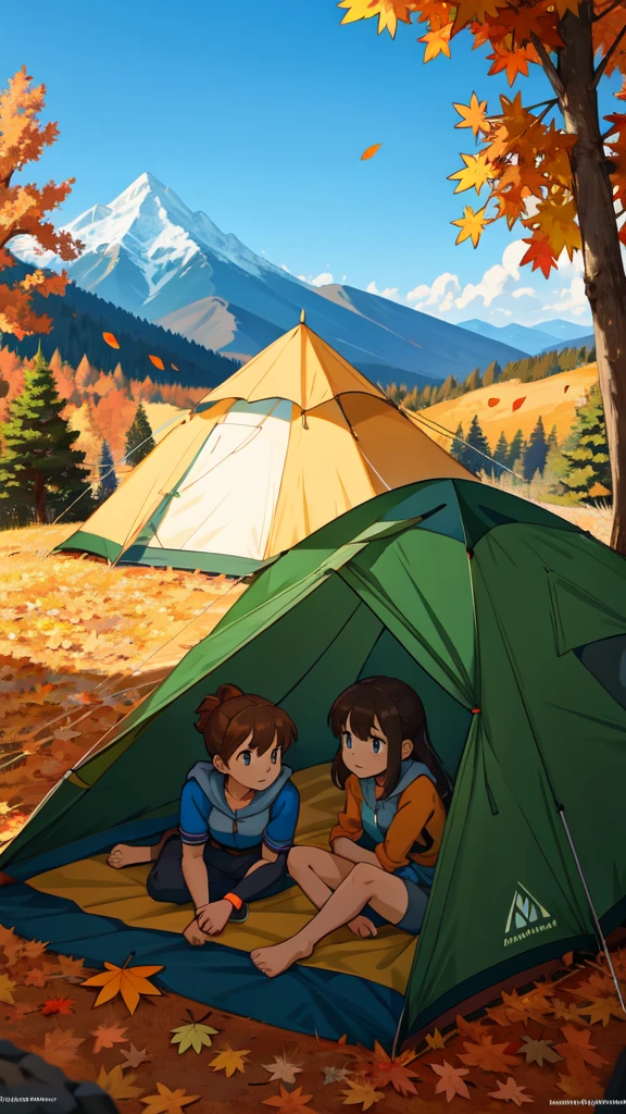 ultra detail,Best quality,masterpiece, comic style,girl focus,2 girls,Autumn leaves,Autumn,mountain,tent,Camping,bonfire