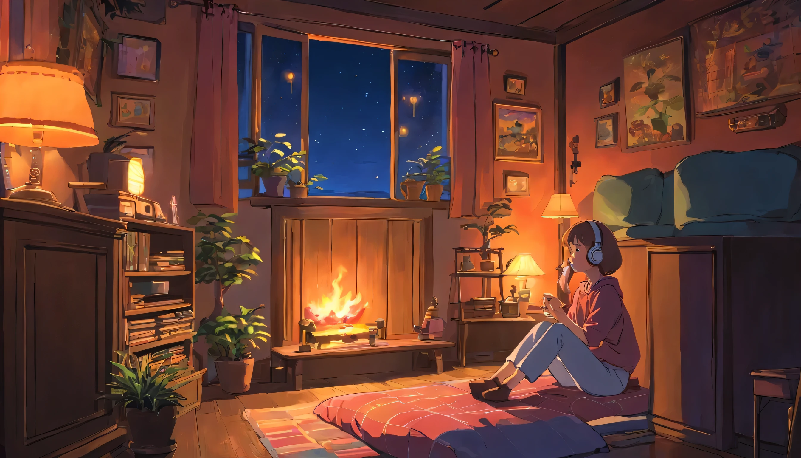 Girl listening to music in a cozy room at night, Using headphones, 2D style anime, Lo-fi, hard disk, Dark environment