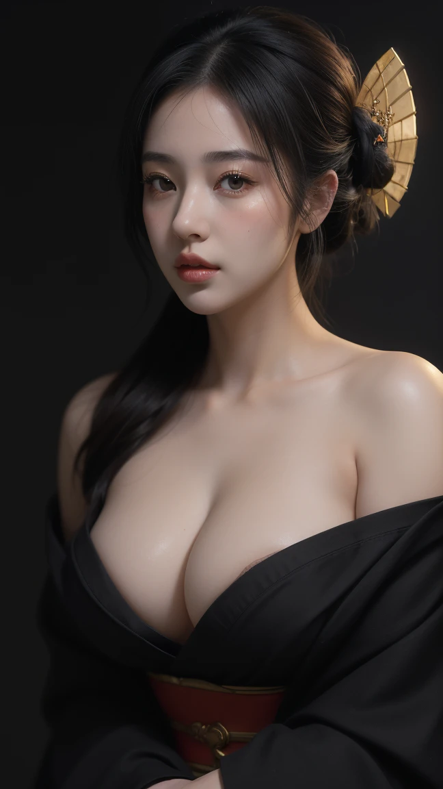 ((Best quality, 8k, Masterpiece :1.3)), Image of a geisha. Like the hair of a Japanese geisha, Long black hair:1.3. Beautiful geisha in kimono, (black kimono). Big breasts:1.3. close up cleavage. ((Bare shoulders _depth of field)), atmospheric perspective, Volumetric lighting, Clear focus, absurd resolution, Realistic proportions, Good anatomy, (realistic,Hyper-realistic:1.37), 16K HD, INFO. ((dark background)), black background.