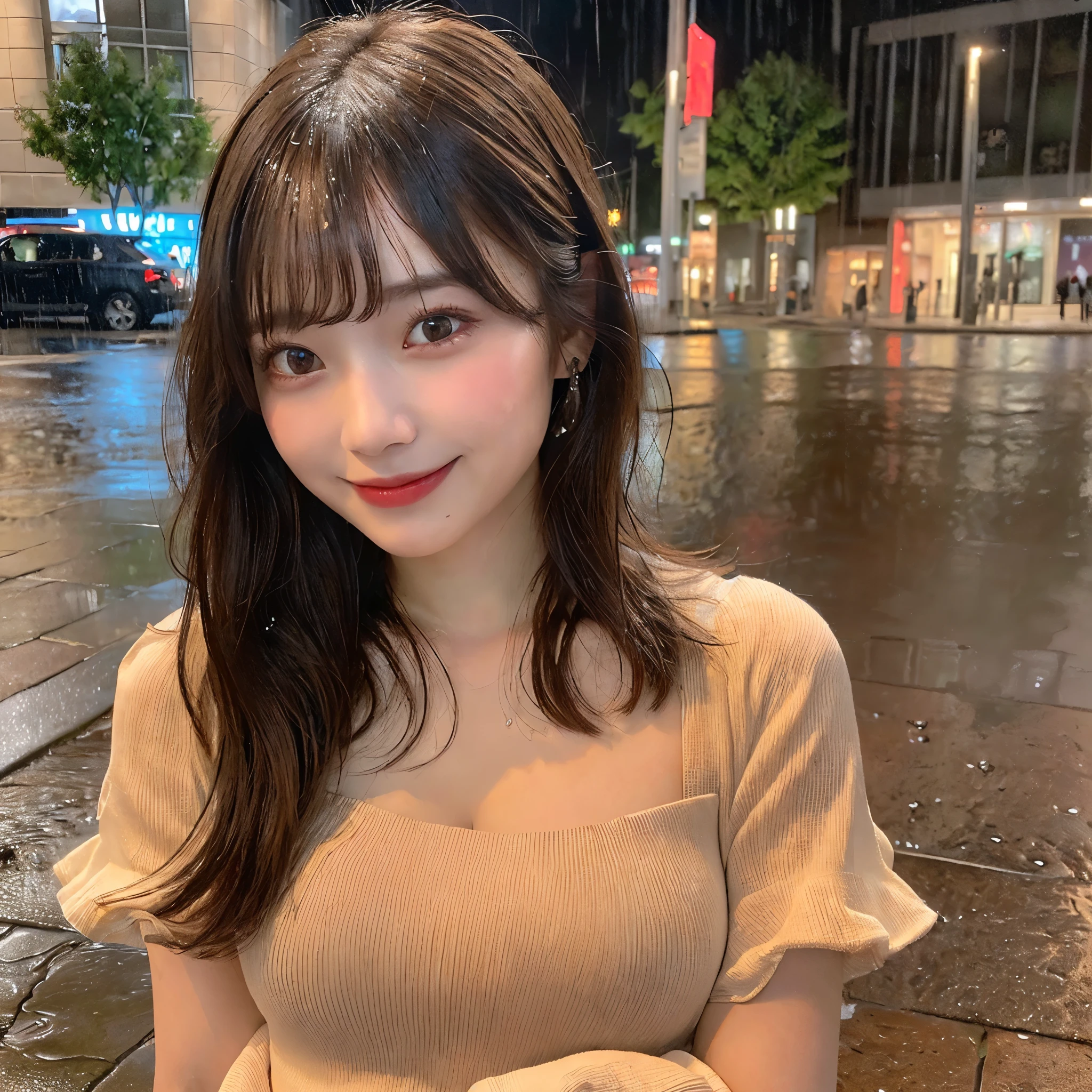 ((Highest quality, 8K, masterpiece:1.3)), concentrated: 1.2, Perfect Body Beauty: 1.4, Hips: 1.2, ((Layered Haircut, Slightly large breasts: 1.2)), (Wet clothes: 1.1), (rain, street:1.3), Bandeau dress: 1.1, Highly detailed face and skin texture, Beautiful Eyes, double eyelid, Whitening skin, (((Brown long hair、bangs))), smile
