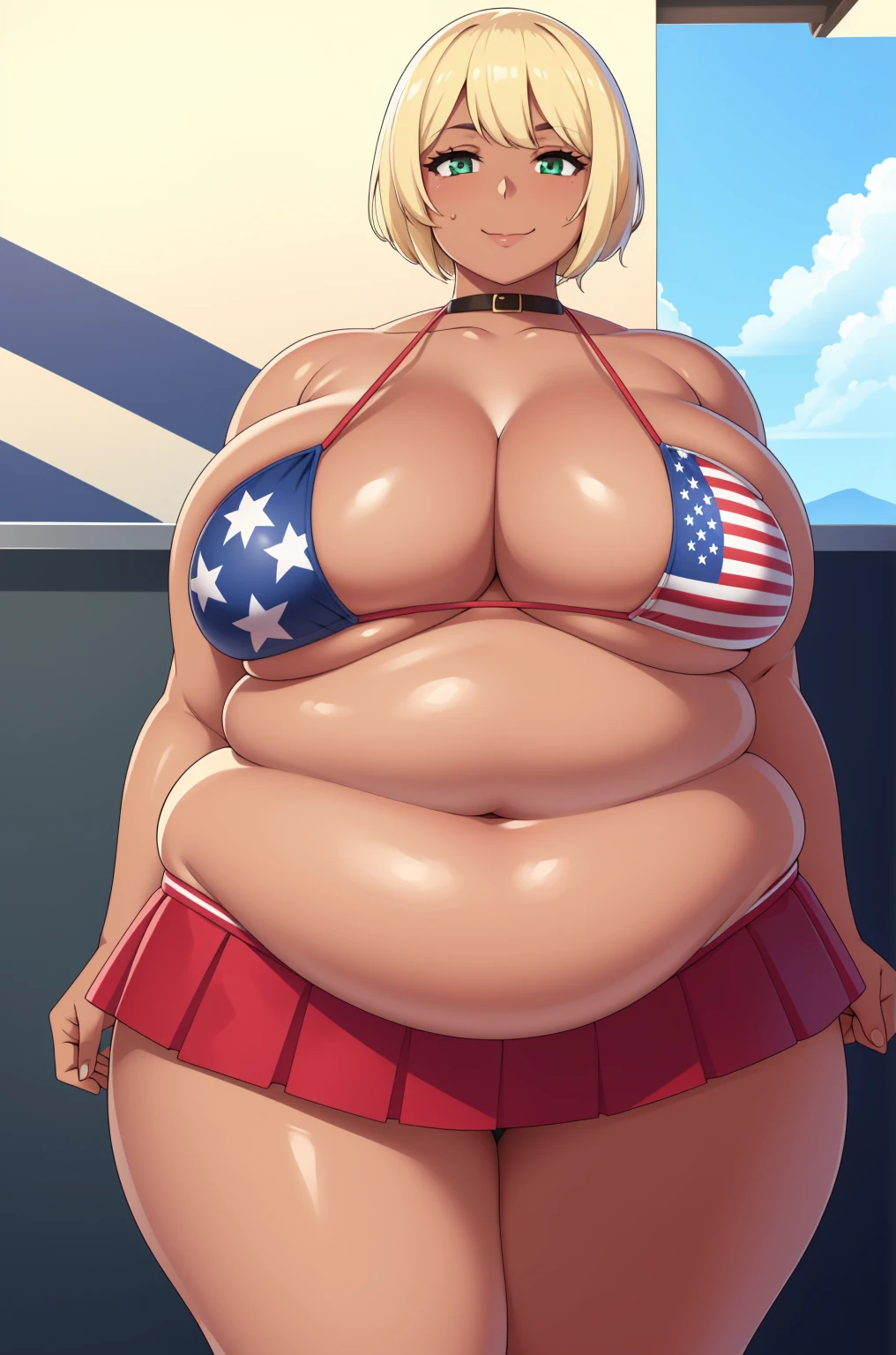 (Morbidly obese:1.2)(best quality:1.2), 1girl, (masterpiece:1.2), raytracing, cute face, perfect face, ultra detailed,detailed face, 8k wallpaper, wide hips, MitoIkumi_NDV, 1girl, green eyes, blonde hair, short hair, large breasts, (dark skin, dark-skinned female:1.2), flag print, meat, american flag, american flag bikini, american flag print, skirt, cleavage, white shirt, outdoor, smile