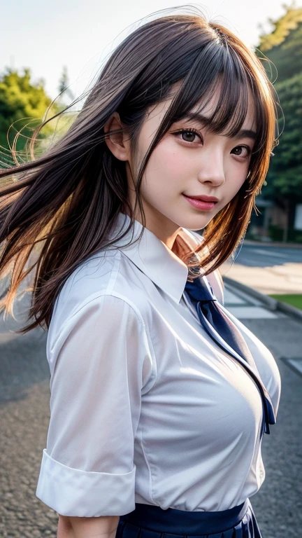 8K,Highest quality, Tabletop, Ultra-detailed, 超High resolution, Realistic, RAW Photos, Absurd, The absolute solution, One Girl, Upper Body Shot, View your viewers,Young and beautiful woman in Japan, Super cute face, Attractive person, Large Breasts,Long Bob Hair,smile,(school uniform:1.3),Beautiful Eyes,(the wind is strong:1.3), 混雑した道をsmileで歩く,Glossy Lips, Double eyelids on both eyes, Natural Makeup, Long eyelashes, 光沢のある滑らかなライトブラウンのLong Bob Hair, Asymmetrical bangs, Shiny skin, Center image, High resolution, Attention to detail, Detailed hairstyle, Detailed face, Great cinema lighting, Octane Rendering, Vibrant, Ultra-realistic, Perfect limbs, Perfect Anatomy