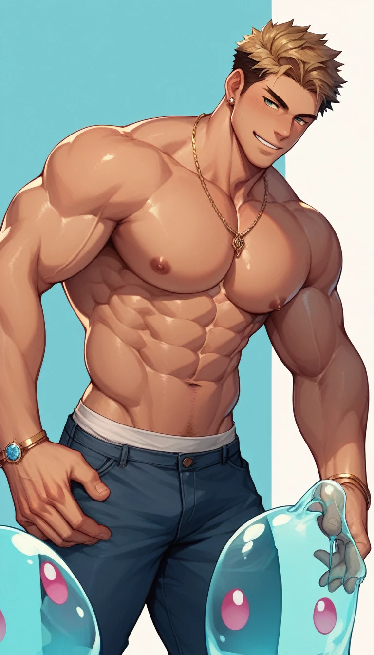 Best quality, masterpiece, intricate details, transparent slime in the shape of muscular handsome man, gay, homoerotic, best view, manga art style, perfect fingers, no watermark, no logo, no signature