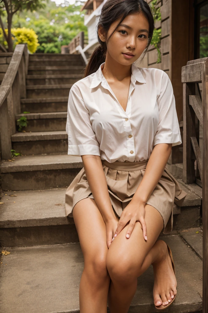 Asian girl slave uniform tan skin stoop