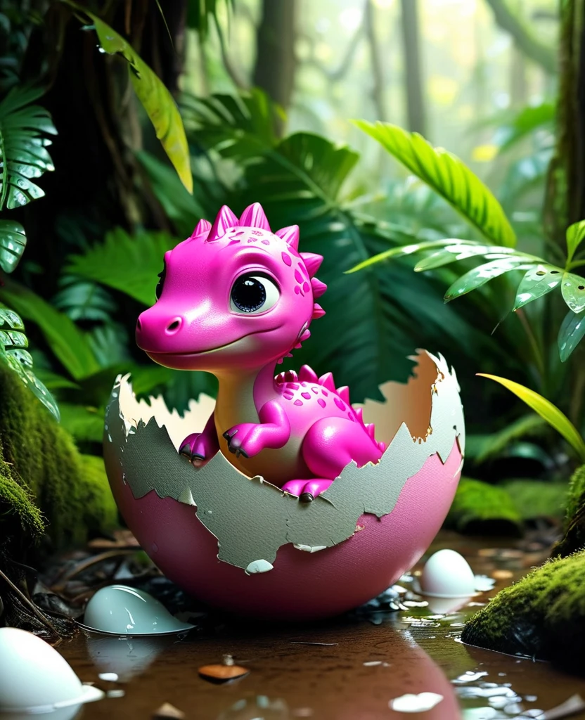 Interesting illustrations：Pink little dinosaur in a broken eggshell，cute，Rainforest