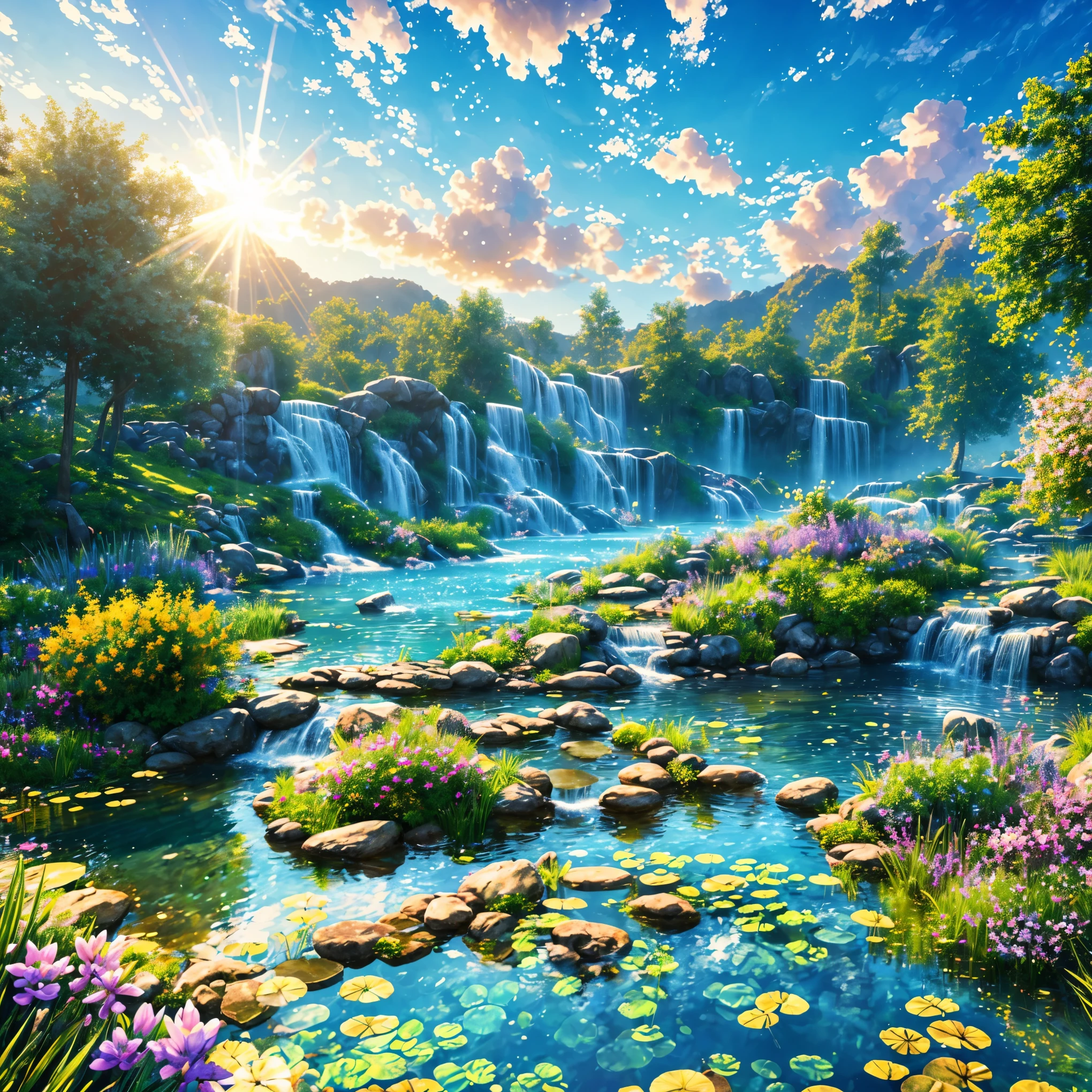 masterpiece, best quality, high quality, extremely detailed CG unity 8k wallpaper, a hyperrealistic pond, splashing water, lens flares, sunshaft, fluffy clouds, Hyperdetailed, HDR, bloom, Photorealistic, hyperdetailed