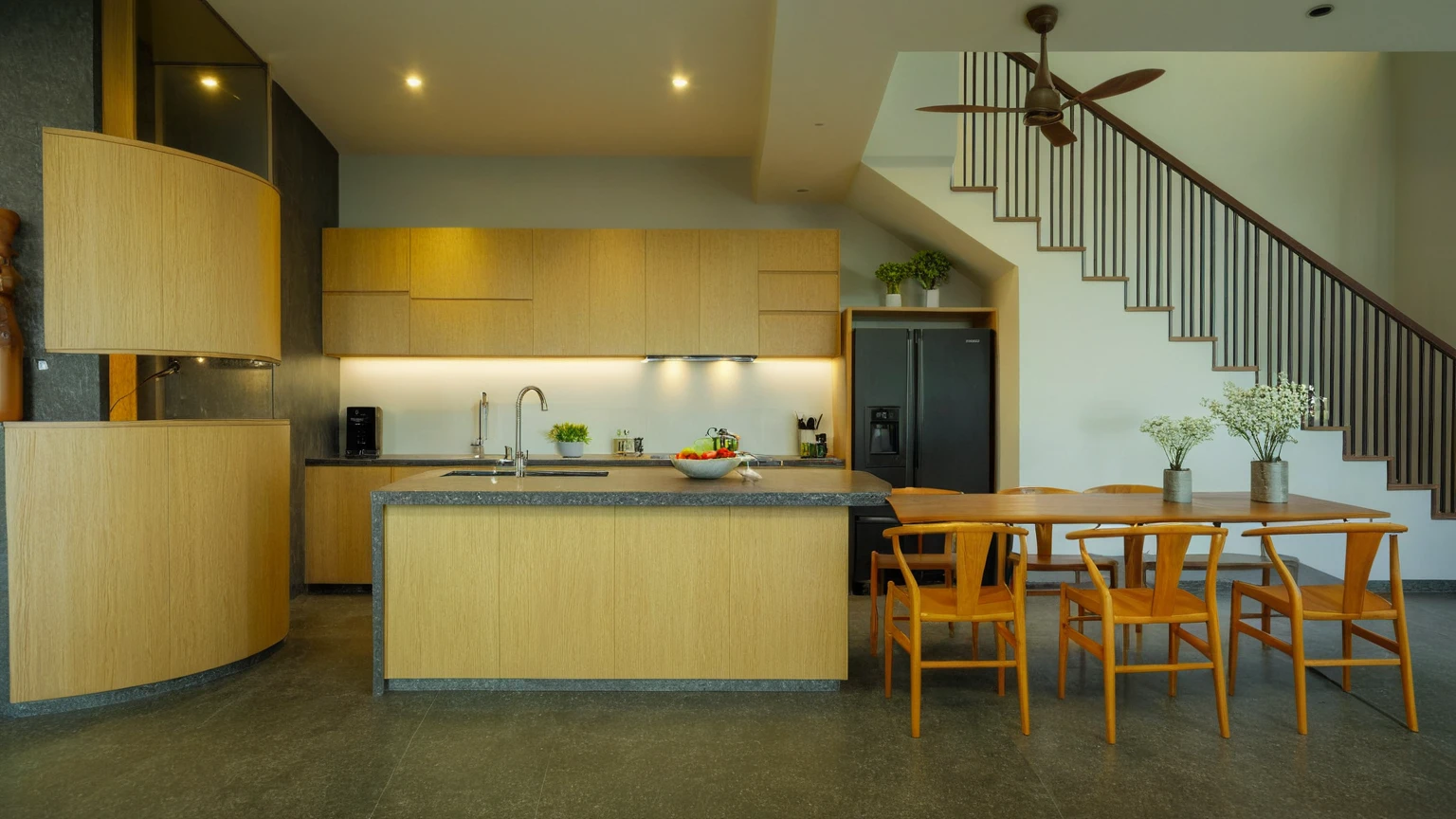 Villa kitchen interior, Vietnam, modern design style, natural light --ar 16:9 --v 5, RAW image, 8k uhd, dslr, soft light, high quality, film grain, Fujifilm XT3, vivid colors, (actual:1.2)
