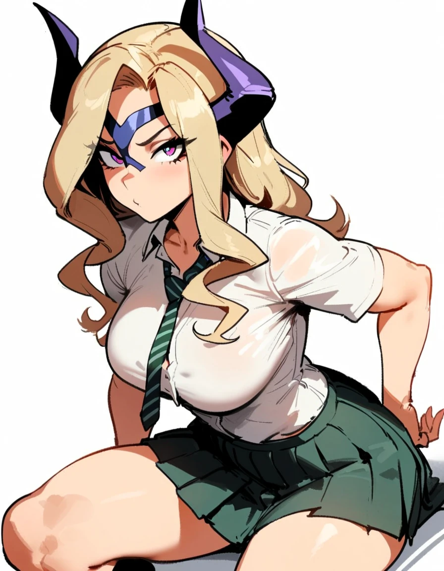 1girl, mount lady, boku no hero academia \\\\\ masterpiece, best quality, very aesthetic, absurdres, newest \\\\\\ sportive body,  \\\\\\  by dodok, nyantcha, cutesexyrobutts, by khyle ///// blonde, purple eyes,  (school uniform:1.2), skirt, , 24 years old, white background,tie,sit, big tits, 