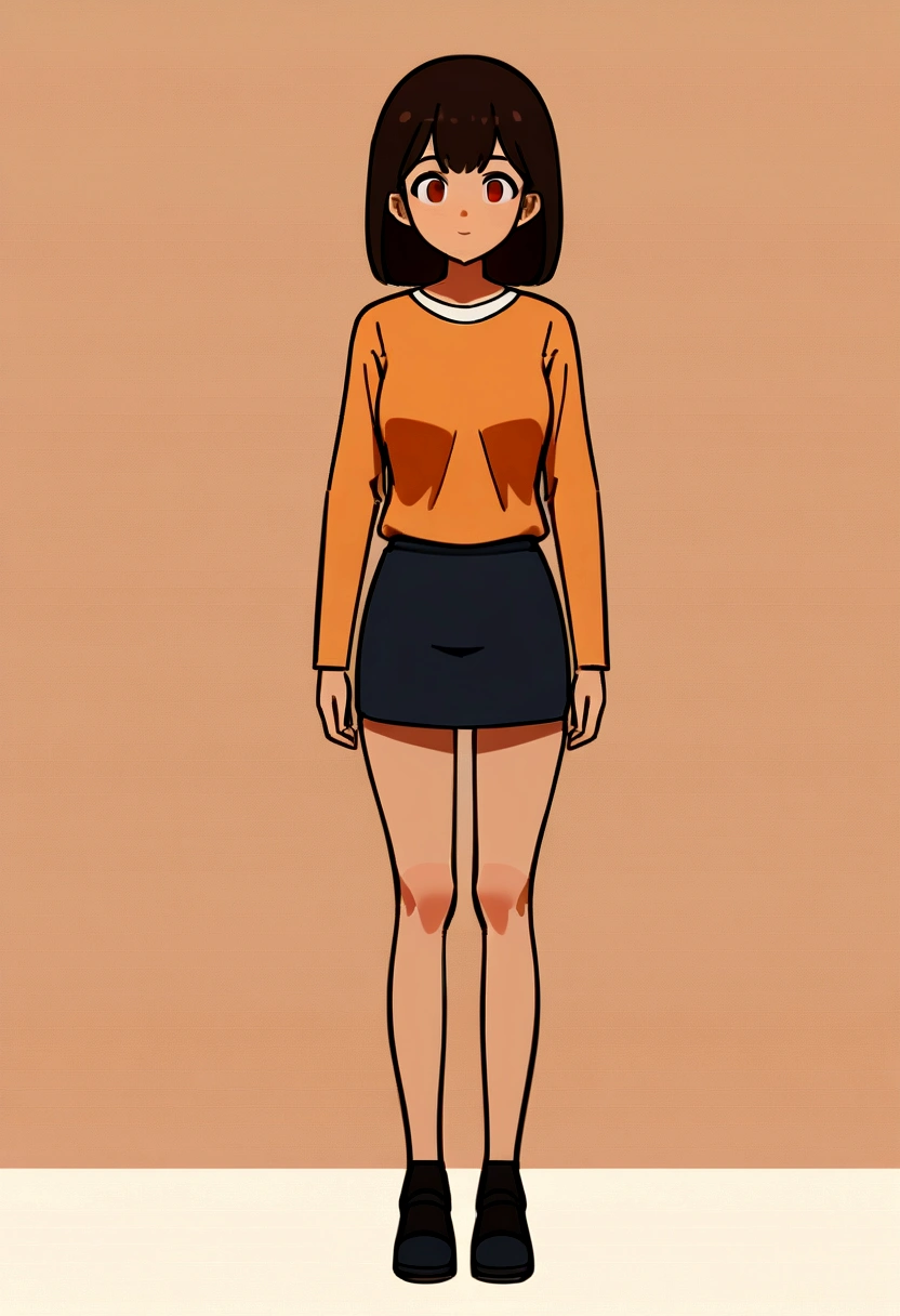 a cartoon girl with a short skirt and orange shirt, full body portrait of a short!, female full body, full body picture, full body female, cell shaded adult animation, single character full body, fullbody view, full character body, distant full body view, zoomed out full body, full body pictures, full body!, realistically proportioned body