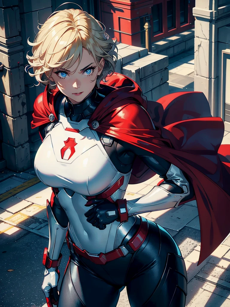 16K, HDR,UHD, RTX, ray tracing, chiaroscuro, best quality, masterpiece, ethereal, perfect illustration, digital artwork, trending on artstation, jaw-dropping perfection, ultra realistic, textured amazing lighting effects, perfect shadows, WLOP, 1girl, beautiful mature edgy woman in a cool long jacket and black pants, superhero suit, stomach covered by clothing, short hair, very short hair, wavy hair, white-blonde hair, blonde hair, highly detailed glowing blue eyes, glowing eyes, blue eyes, beautiful glowy blue eyes, detailed eyes, beautiful face, perfect anatomy, broad shoulders, strong upper-body, modern city, city, beautiful weather, stunning sunshine, sunny, daylight, sunlight, sunlight from above, red cape, daytime, superhero, uplifting, heroic, heroic pose, athletic, hands near hips, glowy eyes, daytime, white and red superhero suit, metallic suit, red lines on suit, metal shoulder-pads, summertime, radiant sunlight, beautiful cityscape, hair blowing in wind, manly shoulders, manly shoulders, very tall, cape, red cape, red hands, long red gloves, red gloves, armoured forearm, armoured shoulder-pads, chrome shoulder-pads, chrome forearm armor, red gloves, big smile, chrome torso