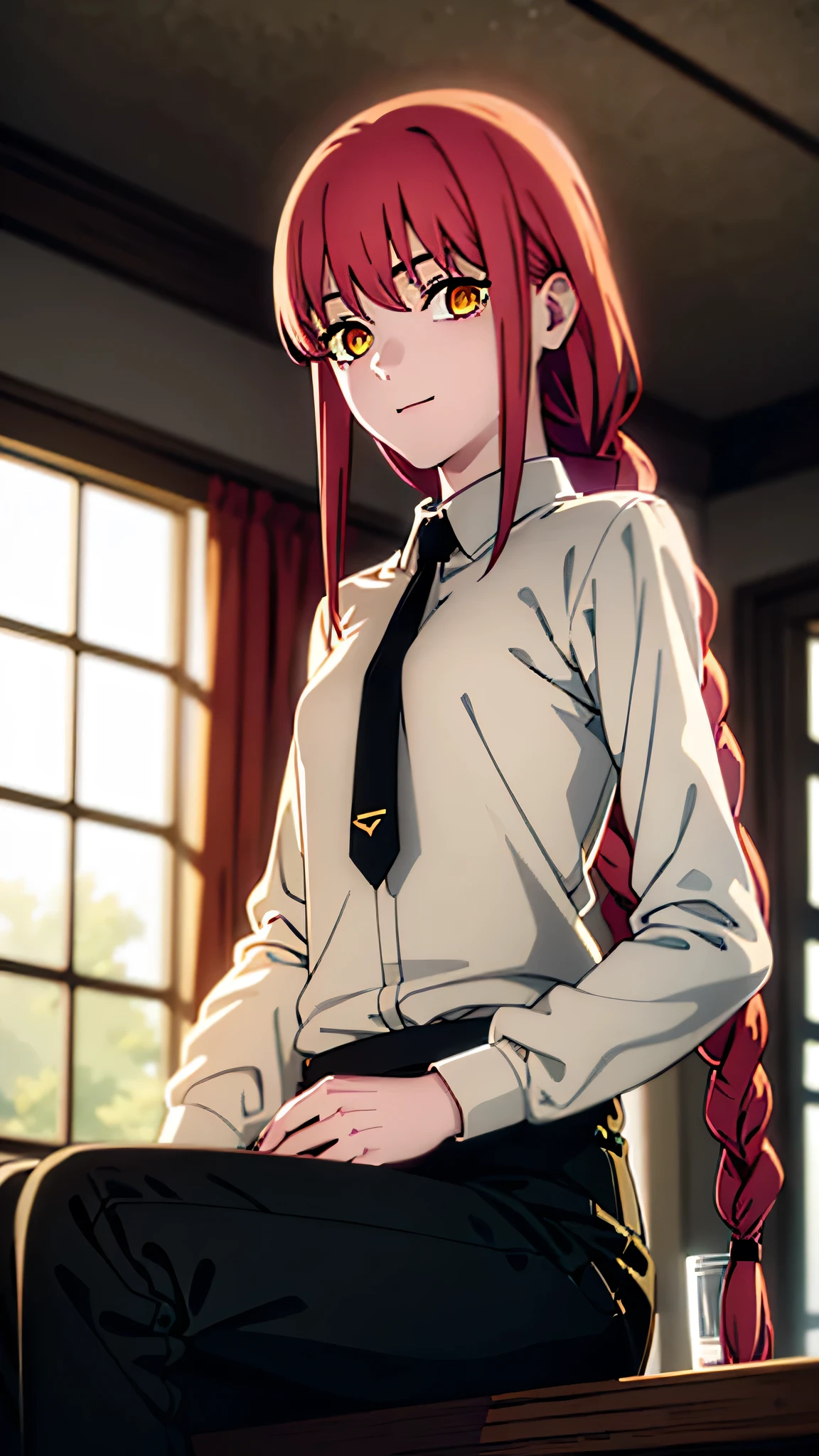 Masterpiece, top quality, best quality, official art, beautiful and aesthetic, anime, 1girl,extremely detailed, colorful, more detailed ((ultra-detailed)), (highly detailed CG illustration),Best Quality, High resolution, Unity 8k Wallpaper, (Illustration:0.8), (Beautiful detailed eyes:1.6), extra detailed face, Perfect Lighting, extremely details CG, (Perfect hands, Perfect Anatomy), makima, long hair, smile, bangs, (small breasts:1.2), (yellow eyes:1.2), braid, red hair, braided ponytail, ringed eyes,navel, cleavage, underwear, collarbone, panties, thighs, black panties, underwear only, lingerie,lace lingerie, black bra,stockings, stocking suspenders, from below, sitting in middle of church, benches,candles, dark light, Masterpiece, top quality, best quality, official art, beautiful and aesthetic, anime, 1girl,extremely detailed, colorful, more detailed ((ultra-detailed)), (highly detailed CG illustration),Best Quality, High resolution, Unity 8k Wallpaper, (Illustration:0.8), (Beautiful detailed eyes:1.6), extra detailed face, Perfect Lighting, extremely details CG, (Perfect hands, Perfect Anatomy), makima, long hair, smile, bangs, (small breasts:1.2), (yellow eyes:1.2), braid, red hair, braided ponytail, ringed eyes,shirt, long sleeves, white shirt, necktie, collared shirt, pants, black pants, formal, suit, black necktie, shirt tucked in, office lady, in office, desks, windows, in middle of office,looking at viewer,upper body shot, from above.