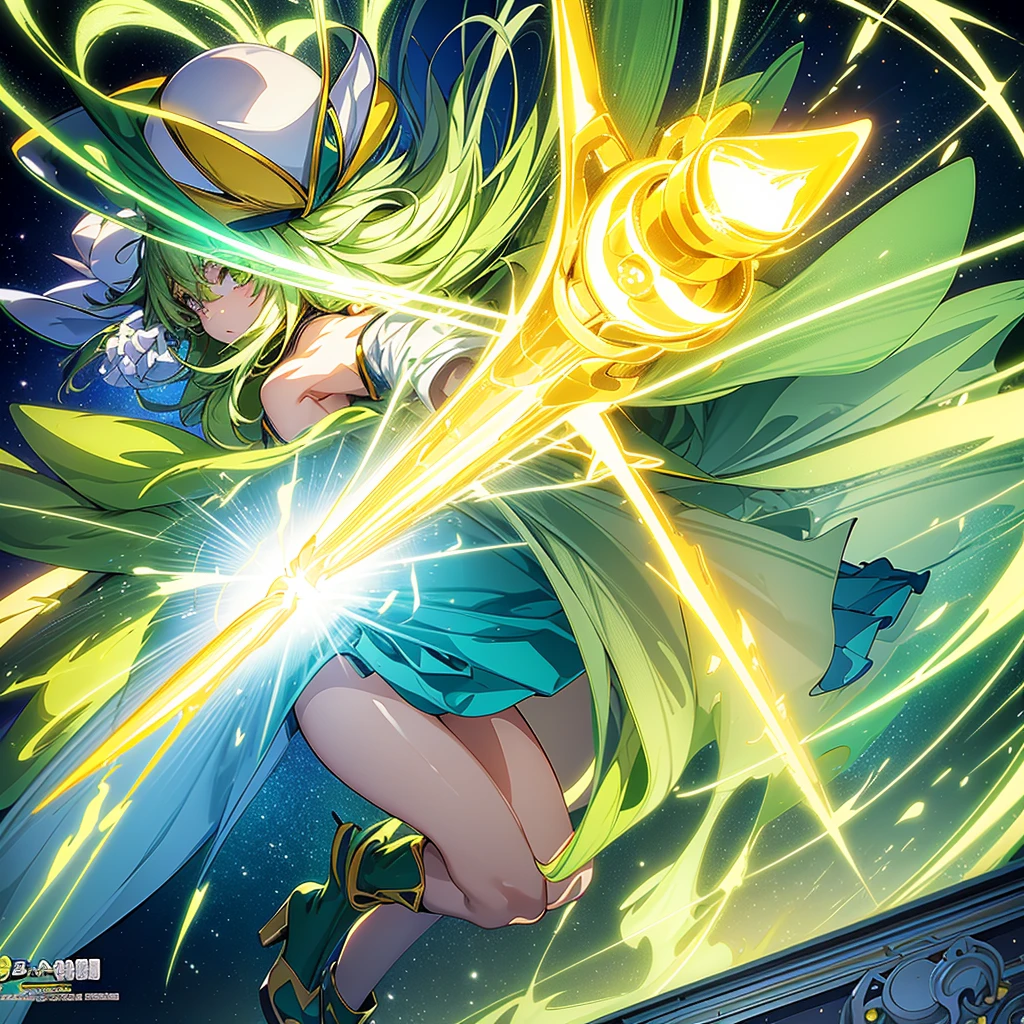 1girl、Dynamic composition、Yellow-green laser、(((Best Quality、Masterpiece、Official Art、Anime Style、The best dynamic composition、超detailed)))、Shine Muscat personification,Yellow-green hat and coat,Light soft color coat and hat,Super huge、detailed、whole body、