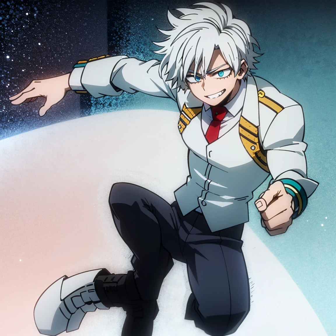1boy, male focus, solo, muscular body, short hair, wavy hair, white hair, turquoise eyes, smile, gray jacket, red tie, white shirt, teal pants, boots, ice, snow background, light, handsome