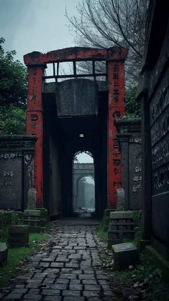 A y horror video of a broken vermilion torii gate, countless broken gravestones, and a dark, smelly atmosphere.