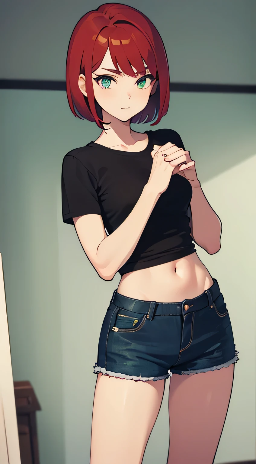 a 1girl, Green eyes, Skinny, short, Black T-shirt, blue shorts, redhead hair, Short Hair Hair, Beautiful figure, beatiful face, 18 years, Correct anatomy, pretty eyes.
