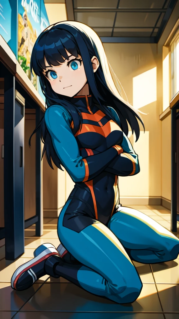 In the style of a comic book, girl kneeling in front of guy