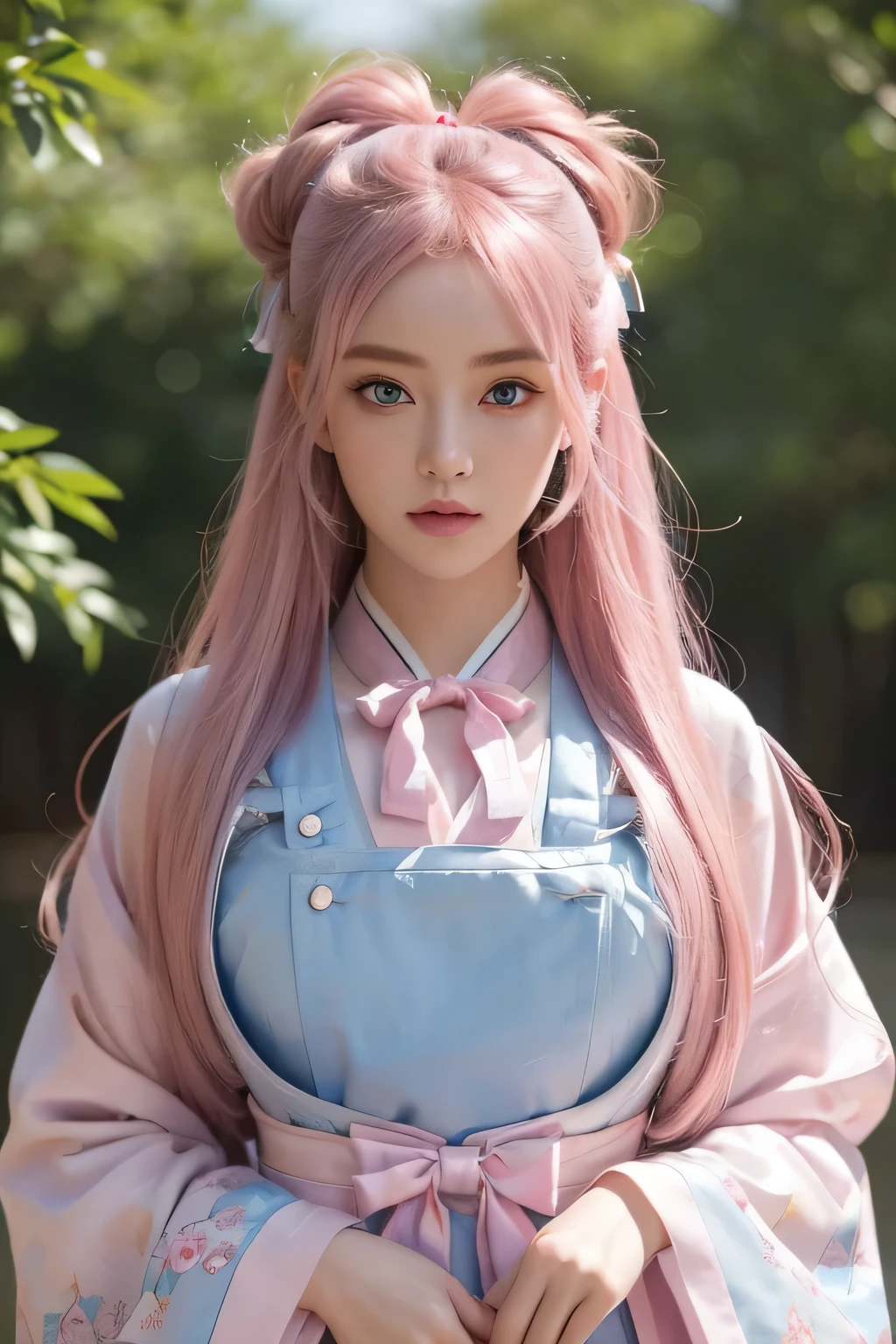 (finely detailed beautiful eyes and detailed face,masterpiece sidelighting,masterpiece,best quality,detailed,high resolution illustration),, (1girl,whole body,bishoujo,lustrous skin,looking down,looking at viewer),, (pink hair,blue eyes,ribbon,hanbok, korean clothes), (clothed_underbust:1.2),underboob,