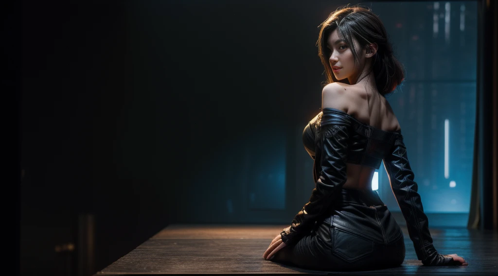 original photo, (best quality:1.3), high resolution, (masterpiece), (lifelike:1.4), Professional photography, Clear focus, High Dynamic Range, 8k resolution, Intricate details, Exquisite details, Depth of Field, Extremely detailed CG unified 8k wallpaper, masterpiece,record,best quality,Official Art,(Beauty and aesthetics:1.2),(masterpiece:1.3),The city of the future,Cyberpunk Characters,A girl,Sexy leather jacket,Off-shoulder,No underwear,Looking at the camera,(Medium focal length lens:1.8),Volumetric Fog,rain,night,drama