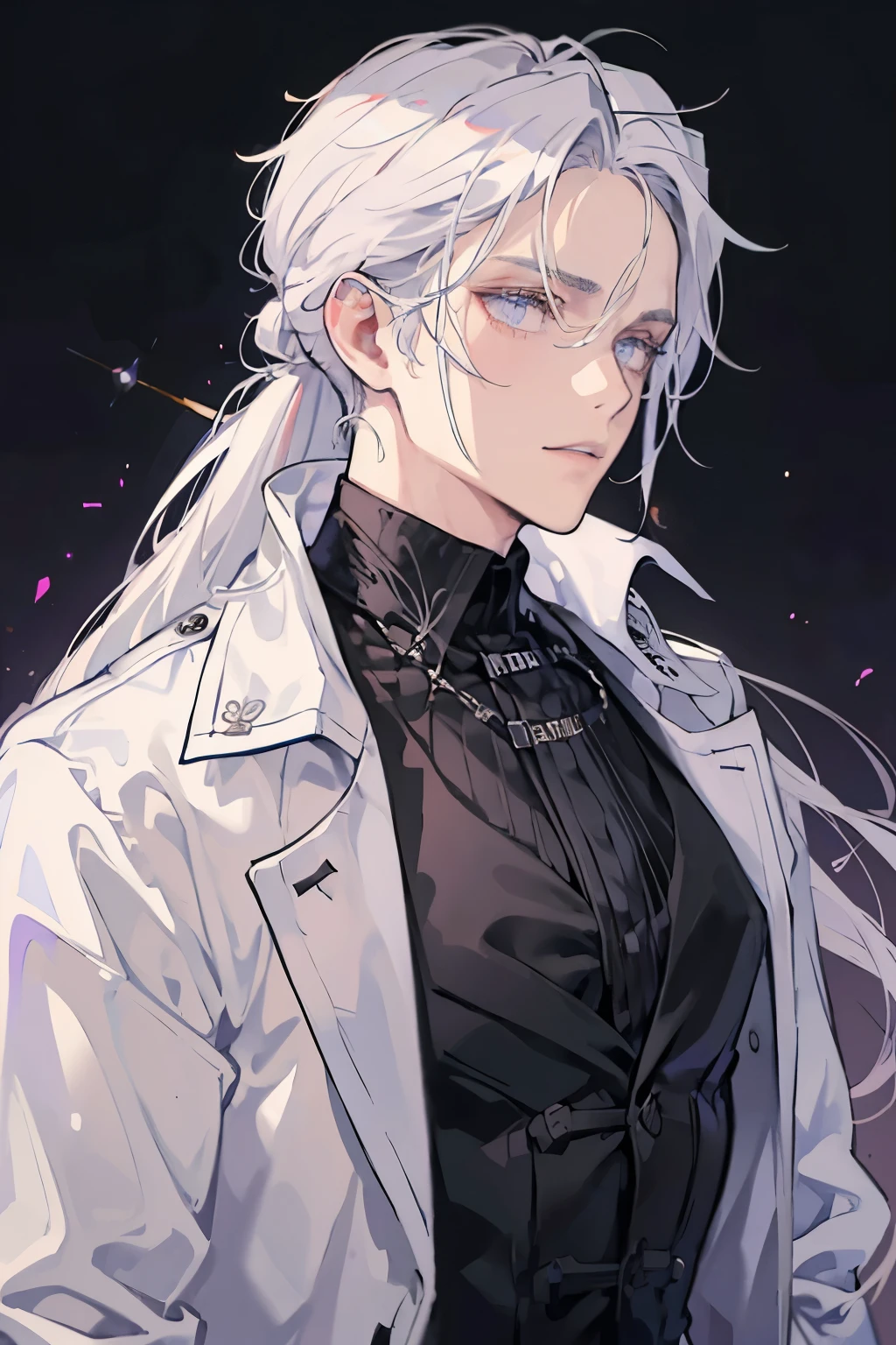 A man with long white hair tied up behind his head, and violet eyes. Wears a black trench coat with a white buttoned up shirt underneath.