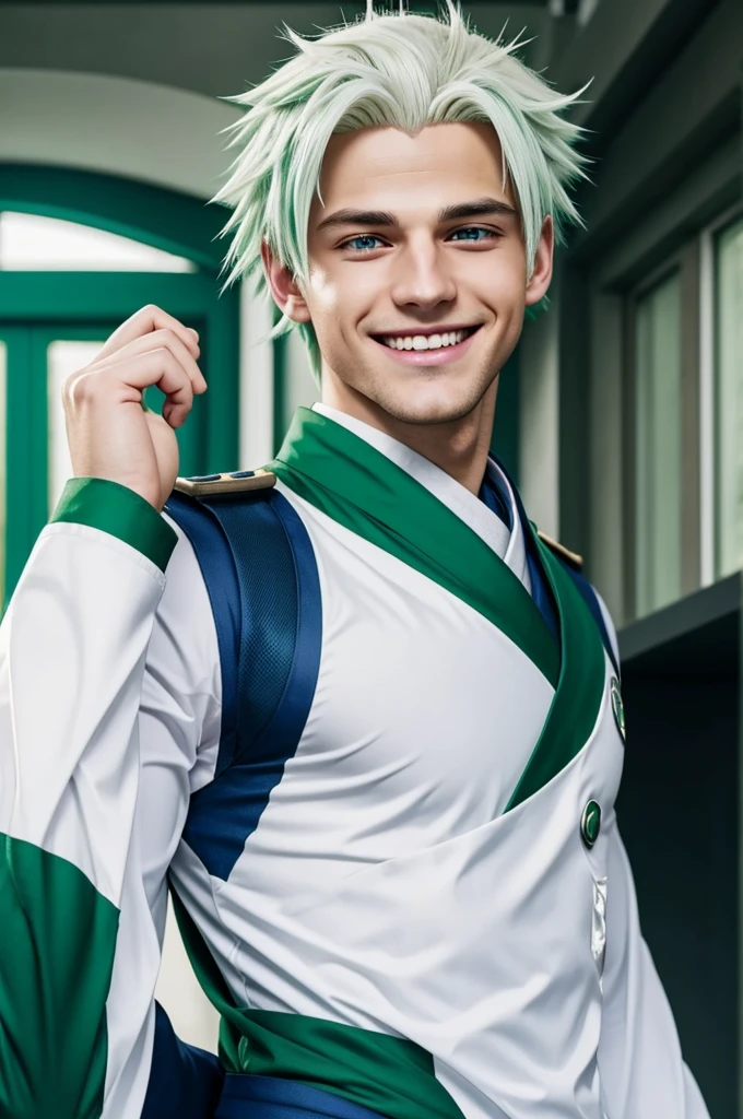 Handsome boy with white hair and green locks, green and blue eyes, smiling, good body and with the Boku no hero academia uniform