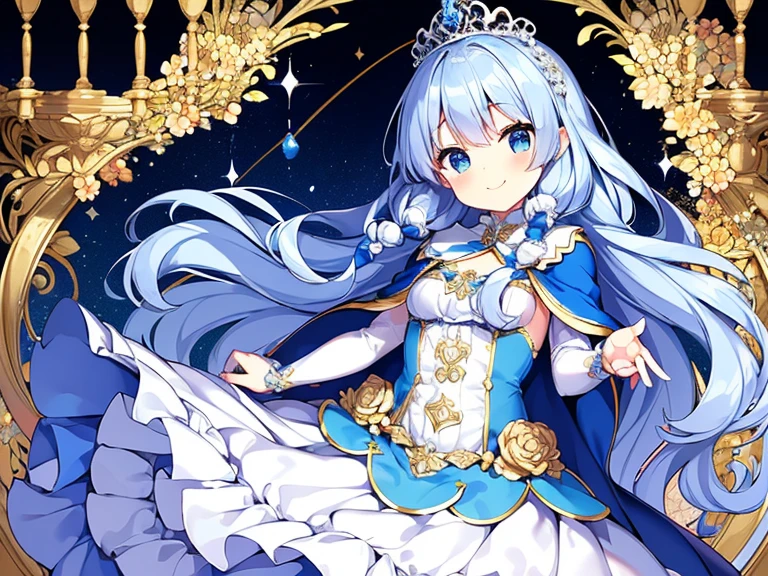 looking at viewer,(kawaii),(best quality),(ultra detailed), upper body,(rococo style),(long train blue cape:1.15), very long cape,(long train white ball gown with flower decorations:1.1), a girl is wearing a cape over her gown, 1 little princess, tiara, smile, very long hair, small breasts