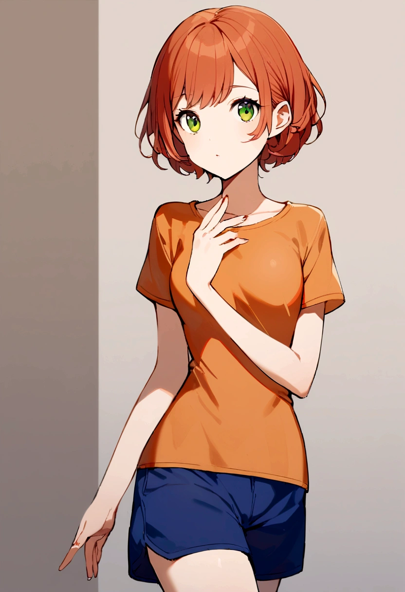 a 1girl, Green eyes, Skinny, short, orange T-shirt, blue shorts, redhead hair, Short Hair Hair, Beautiful figure, beatiful face, 18 years, Correct anatomy, pretty eyes.