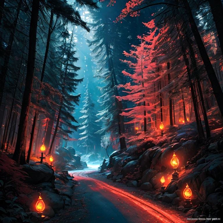 A bright light image with a red and gold border in the lower right corner looks like a road，Extending to the fairyland forest in the upper left corner，Strong color contrast，Large game CG scenes，Light painting rendering，Long shot，Splash Art