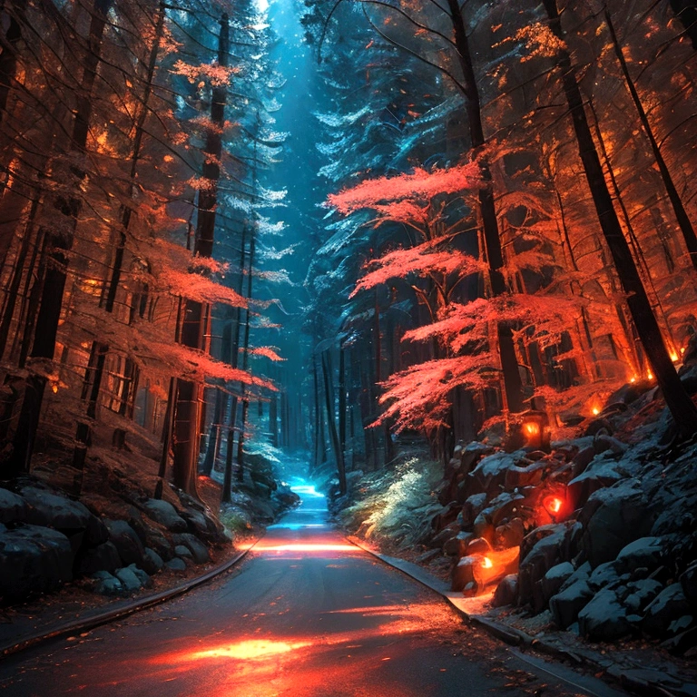 A bright light image with a red and gold border in the lower right corner looks like a road，Extending to the fairyland forest in the upper left corner，Strong color contrast，Large game CG scenes，Light painting rendering，Long shot，Splash Art