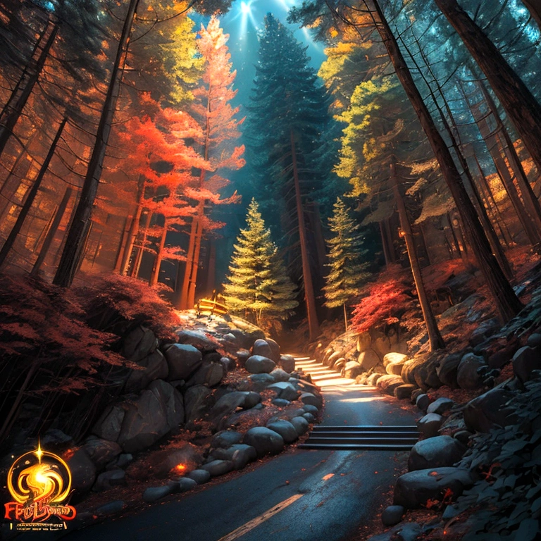 A bright light image with a red and gold border in the lower right corner looks like a road，Extending to the fairyland forest in the upper left corner，Strong color contrast，Large game CG scenes，Light painting rendering，Long shot，Splash Art