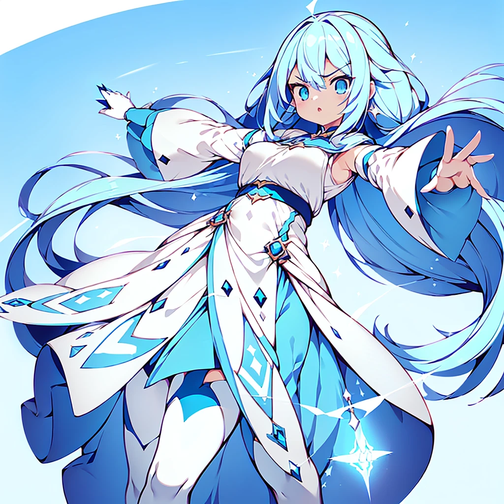 1girl、Dynamic composition、((Perspective Lens, A woman with white and light blue straight long hair, Dynamic poses with serious and mean expressions, Two hands holding a large, long magic wand )) ((Pure Blue Background:1.2)),Anime Style、detailedな目、Perfect toned body shape、Looks like she's in her early 20s,Shooting in mid-motion,With her long braided hair fluttering. Her outfit reminds me of a fairy.,Black and blue color palette,Be playful、Super huge、detailed、whole body、